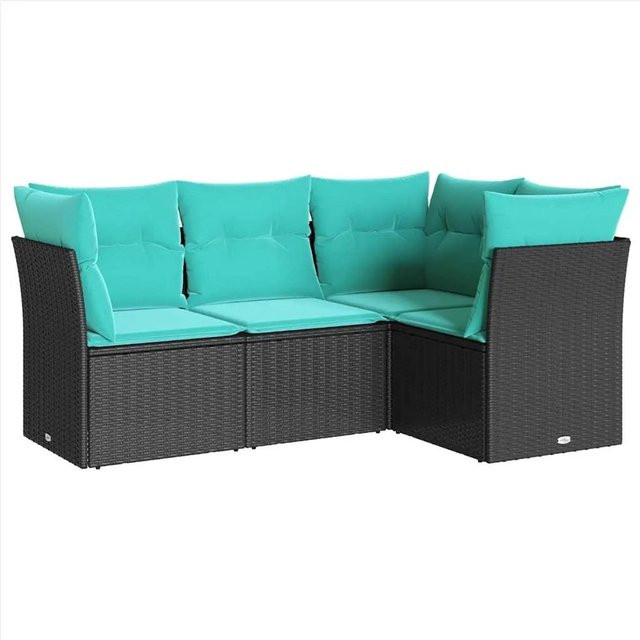 vidaXL 4-teilige Garten-Sofagarnitur in L-Form aus Poly-Rattan mit Kissen in Schwarz und Blau - Bild 1