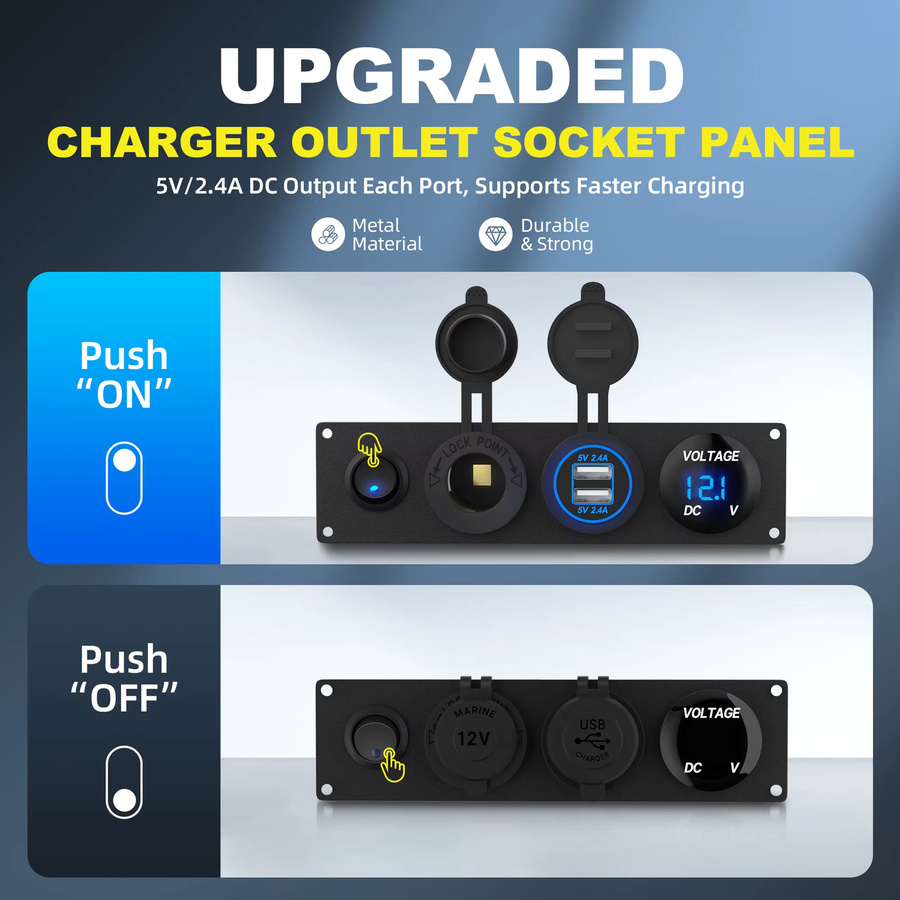 DaierTek 4-in-1 Ladegerät-Steckdosenpanel mit Dual-USB-Anschluss, LED-Voltmeter und LED-Schalter in Schwarz und Blau - Bild 4