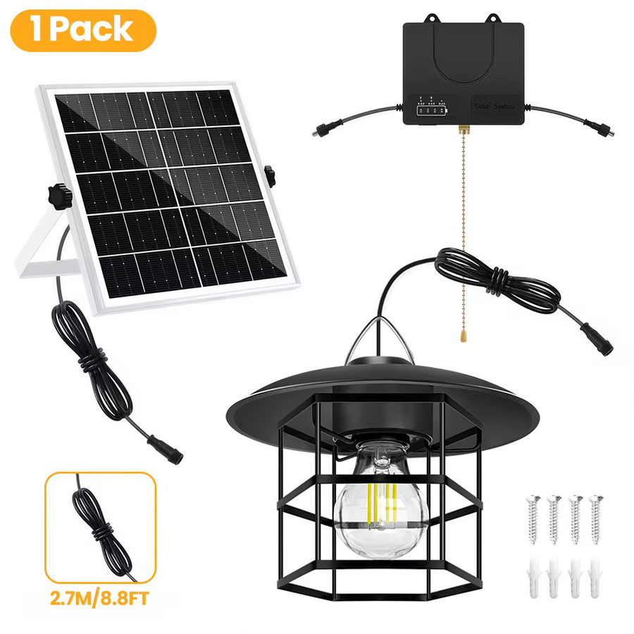 Solarbetriebene LED-Pendelleuchte im Industrial-Design für Garten, Balkon und Terrasse, IP65 wasserdicht, Schwarz, mit Kettenschalter und Batteriestandsanzeige - Bild 7