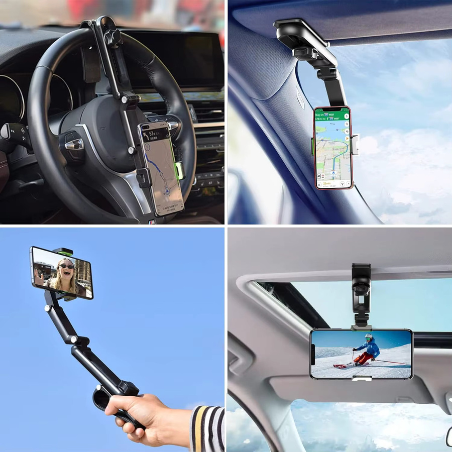 DUTRIEUX Autotelefonhalter 1080 Multifunktions-Sonnenblende, universelle 360-Grad-drehbare Handy-Mobilhalterung für den Rückspiegel, Schwarz - Bild 4