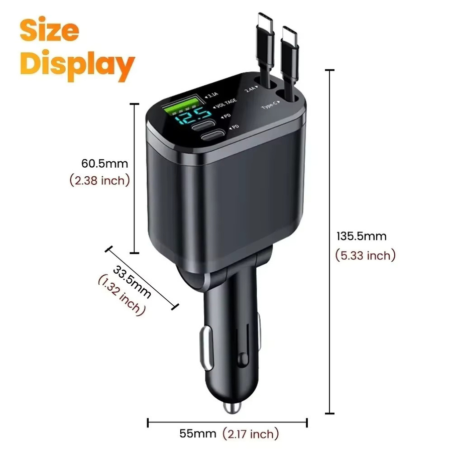 5-in-1 Einziehbares Autoladegerät PD30W mit Schnellladespannungsanzeige und Dual-Kabel-Adapter in Schwarz - Bild 5