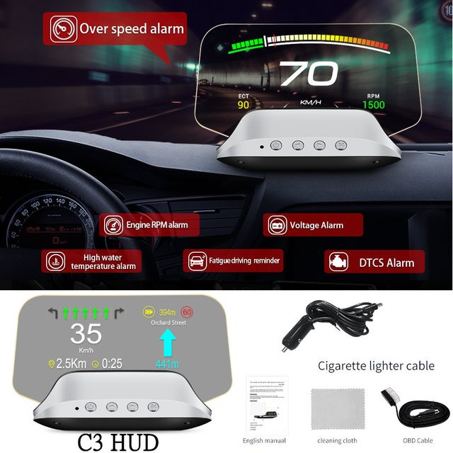RYSJM HD C3 Plus Auto HUD OBD2 Head Up Display mit GPS Navigation und digitalem Tachometer als On-Board Computer Zubehör - Bild 1