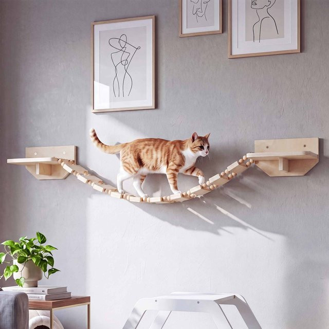 Kletterbrücke MCW-Q56 Katzenleiter aus Holz in Natur, B/H/T: 130 x 19 x 15 cm - Bild 1