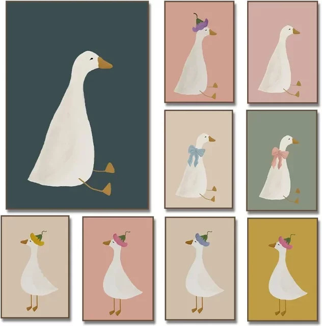 Potdemiel Rahmenloses Leinwandposter mit niedlicher Gans und Blumen in Nordischem Design, Mehrfarbig - Bild 1