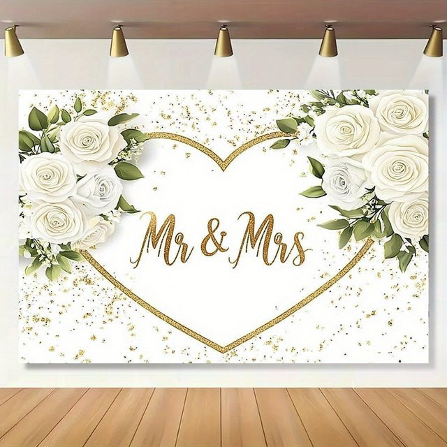 OURFETE Hochzeits-Hintergrund Banner mit weißen Rosen und Goldglitter-Herzen für Brautparty und Verlobung, B: 150 cm, H: 100 cm - Bild 1
