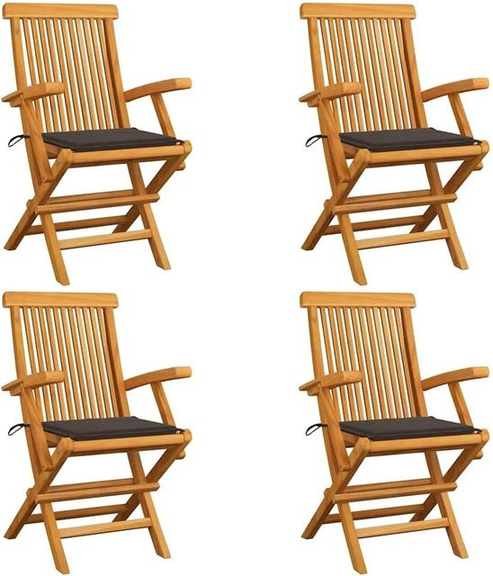 vidaXL Gartenstuhl-Set aus Teak-Massivholz mit Taupe Kissen, 4 Stück, stapelbar - Bild 1