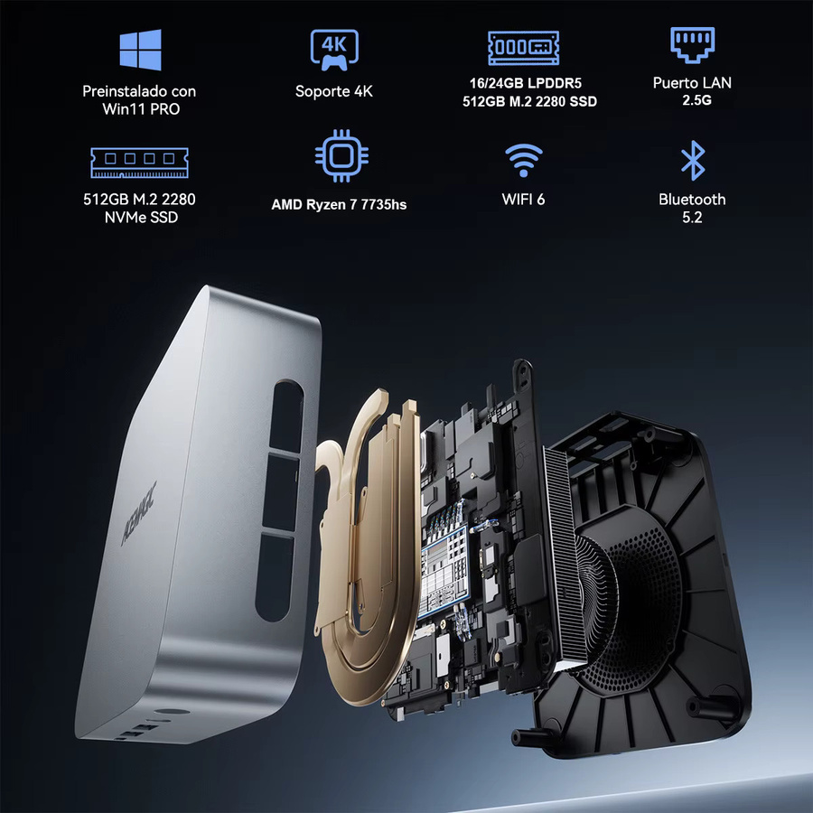KAMRUI Mini-PC mit AMD Ryzen 7 7735HS, 24GB LPDDR5, 512GB NVMe PCIe3.0 SSD, WiFi 6 und Radeon Grafik, Silber - Bild 2