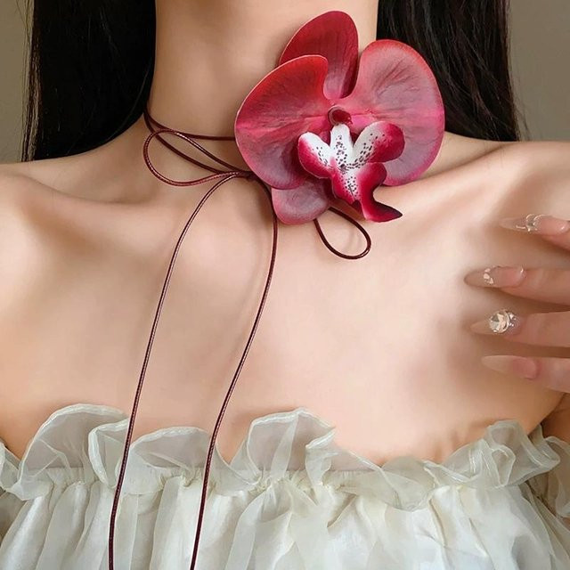 Halskette Schmetterlingsorchidee Blumen, rot, Damen, 140cm - Bild 1