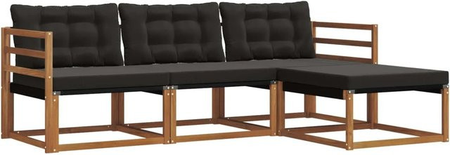 vidaXL Outdoor-Sofagarnitur L-Form aus Akazienholz mit Kissen und Ottoman, 4-teiliges Gartenmöbel-Set in Braun und Schwarz - Bild 1