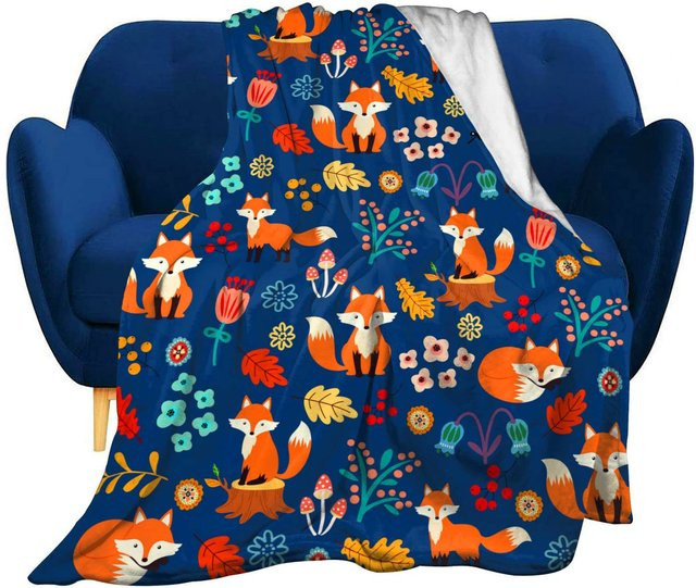Gemütliche Plüsch Decke mit Fuchs-Tierdruck in Blau, weiche Flanell Überwurfdecke B/B: 180 x 230 cm - Bild 1