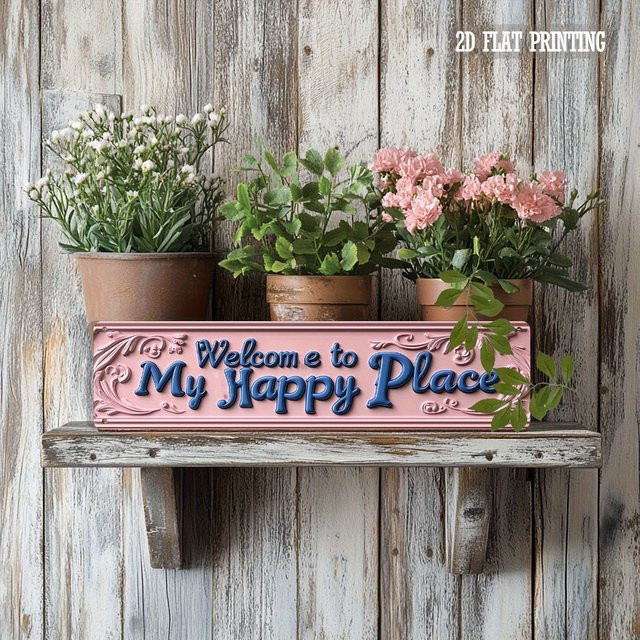 HELLOYOUNG Metallschild Welcome to My Happy Place in Pink im Vintage-Stil, Breite: 40,6 cm, Höhe: 10,2 cm - Bild 1