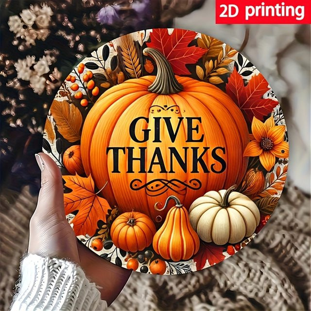 Potdemiel Vintage Thanksgiving Aluminium Metallschild mit Herbstkürbis und Blättern, Durchmesser: 20,32 cm - Bild 1