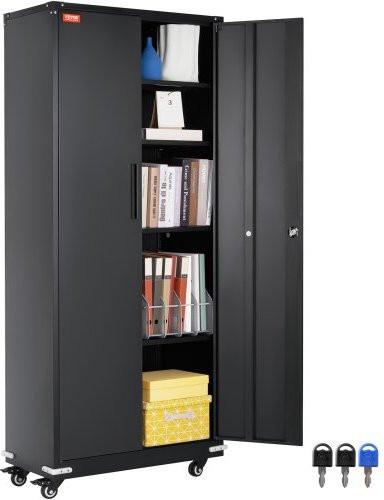 VEVOR Metall-Stahlschrank mit Rollen in Schwarz, abschließbarer Aufbewahrungsschrank mit 4 verstellbaren Regalböden und 2 magnetischen Türen für Garage, Büro oder Zuhause - Bild 1