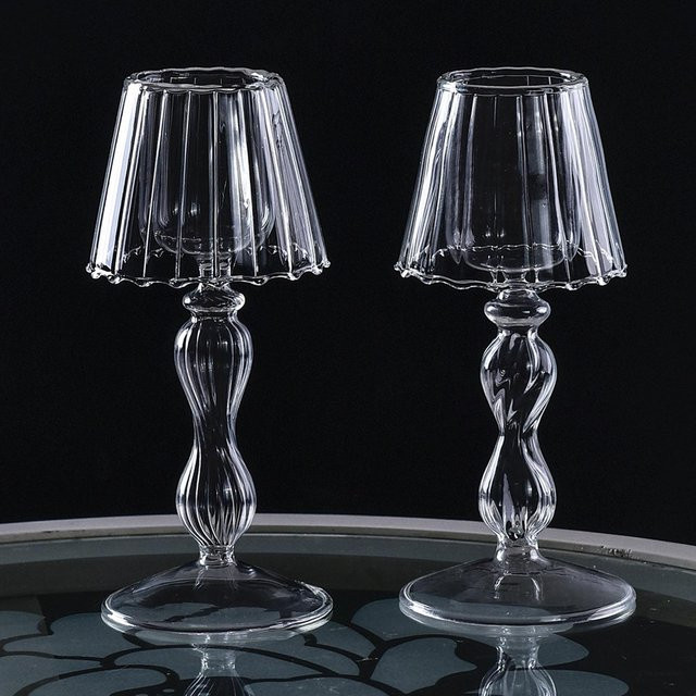 Fishine Glas-Tischlampe in Kerzenständerform mit vertikalem Streifen-Design, transparent grau, modern Dekorationsobjekt für Wohnzimmer und Hochzeiten - Bild 1