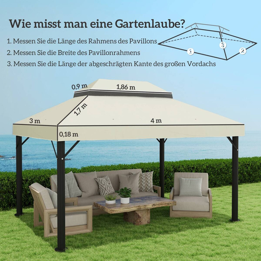 Outsunny Ersatzdach für Gartenpavillon in Cremeweiß, wasserdichte Doppeldach Schutzhaube mit UPF30+, B/T/H: 400 x 1 x 300 cm - Bild 3