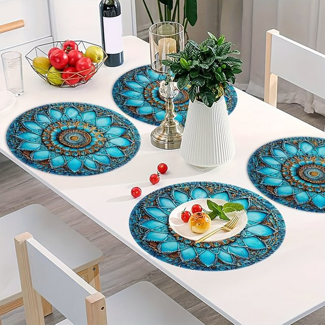 VIKAMA 4-teiliges Vintage-Tischset aus Leinen in Blau und Gold, runde Platzsets mit grafischem Design - Bild 1