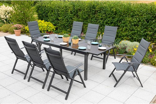 Merxx Gartenmöbelset Taviano 9-teilig in Grau mit ausziehbarem Tisch und 8 Klappsesseln aus Aluminium und Textil - Bild 1