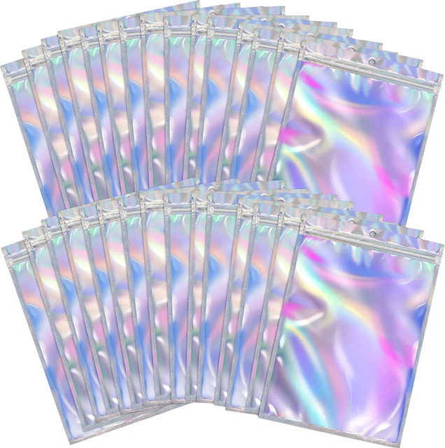 50er Set holografische Beutel mit Regenbogenmuster und Frontfenster, selbstverschließende Kunststoffbeutel in Multicolour für Süßigkeiten und Schmuck - Bild 1
