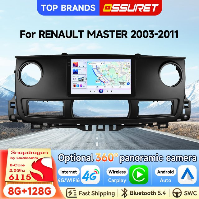 OSSURET Android 14 Autoradio für RENAULT MASTER 2003-2011 mit 10,1 Zoll Display, Qualcomm Snapdragon 6115 Octa-Core, GPS-Navigation, Bluetooth, Wireless Carplay und Android Auto, Schwarz - Bild 1