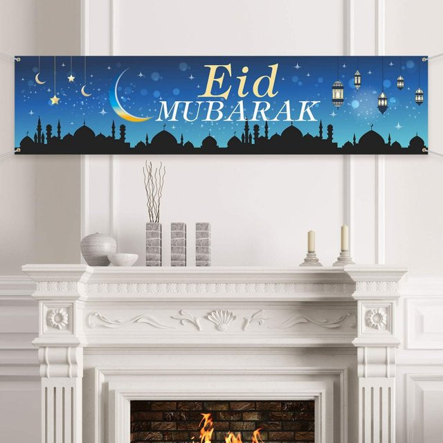 VIKAMA Blaues Eid Al Fitr Dekorationsbanner mit Mond-Motiv für Ramadan-Partys und orientalische Feierlichkeiten - Bild 1