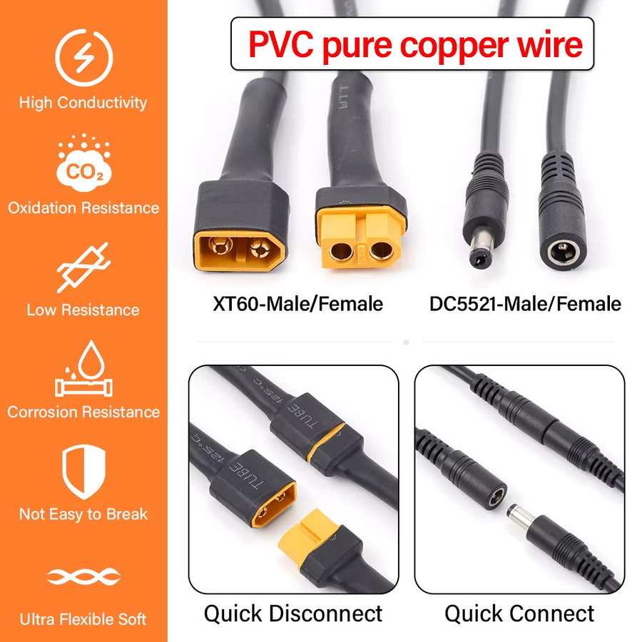 DC 5,5 x 2,1 mm auf XT60 Adapter Set mit 18AWG Silikonkabel, Männlich und Weiblich, Schwarz - Bild 3