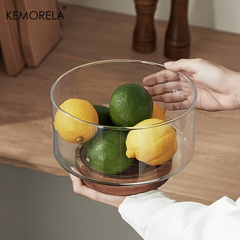 KEMORELA Glas Obstschale mit Holzsockel in Transparent, ideale Schüssel für Salate, Snacks, Popcorn oder Nüsse - Bild 3