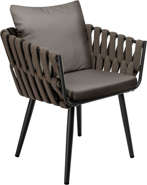 CLP Gartenstuhl Lombardia mit Sitzkissen in Taupe, moderner Geflechtstuhl mit Armlehnen aus Rattan und Metall für Terrasse oder Balkon - Bild 1