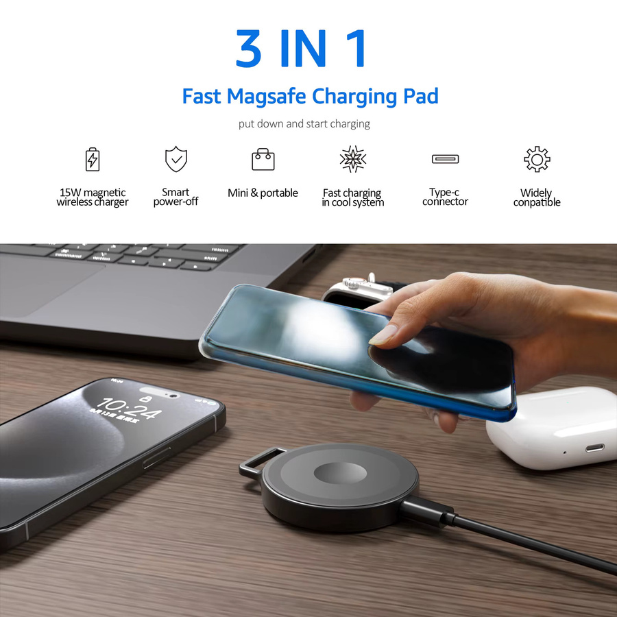 ILEPO 3-in-1-Ladestation als kabelloses Reise-Mini-Ladegerät mit Schlüsselanhänger für iPhone 12–16-Serie, AirPods und iWatch in Schwarz oder Weiß - Bild 5