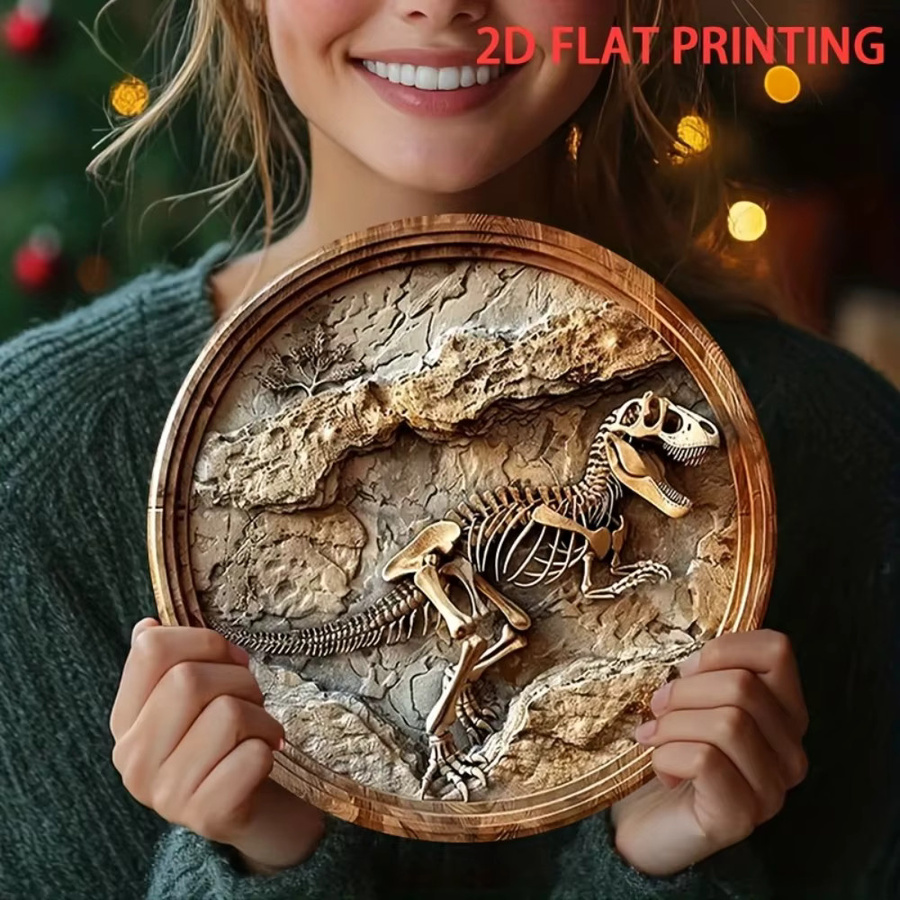 HELLOYOUNG Vintage Dinosaurier-Fossil-Skelett Metall-Wandkunst, Runde 2D Wanddekoration in Braun, Durchmesser: 20 cm - Bild 2