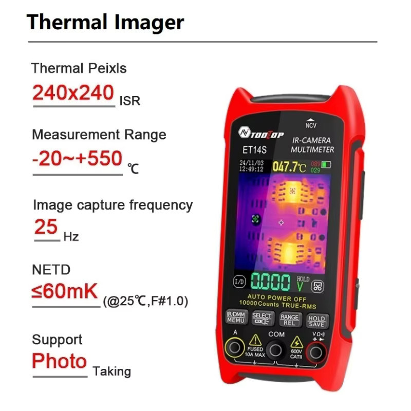 TOOLTOP ET14S IR-Kamera-Multimeter mit Wärmebildkamera ISR 240 x 240, Amperemeter und Voltmeter in Rot - Bild 2
