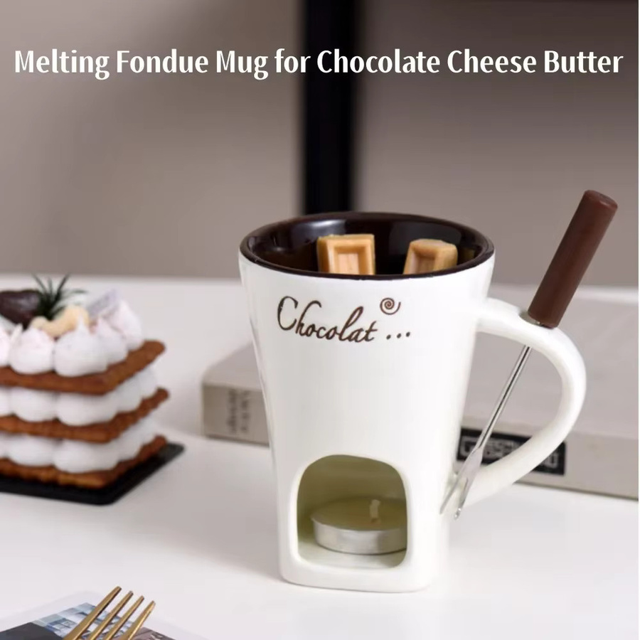 XMSJ Schokoladen-Fondue-Set aus Keramik in Rot inklusive Gabeln und Kerze - Bild 2