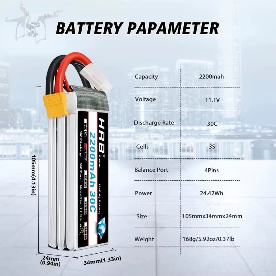 HRB 3S LiPo Akku 11,1 V 2200 mAh 30C mit XT60 Anschluss für RC Autos, Offroad-Lkw, Boote und Hubschrauber - Bild 2