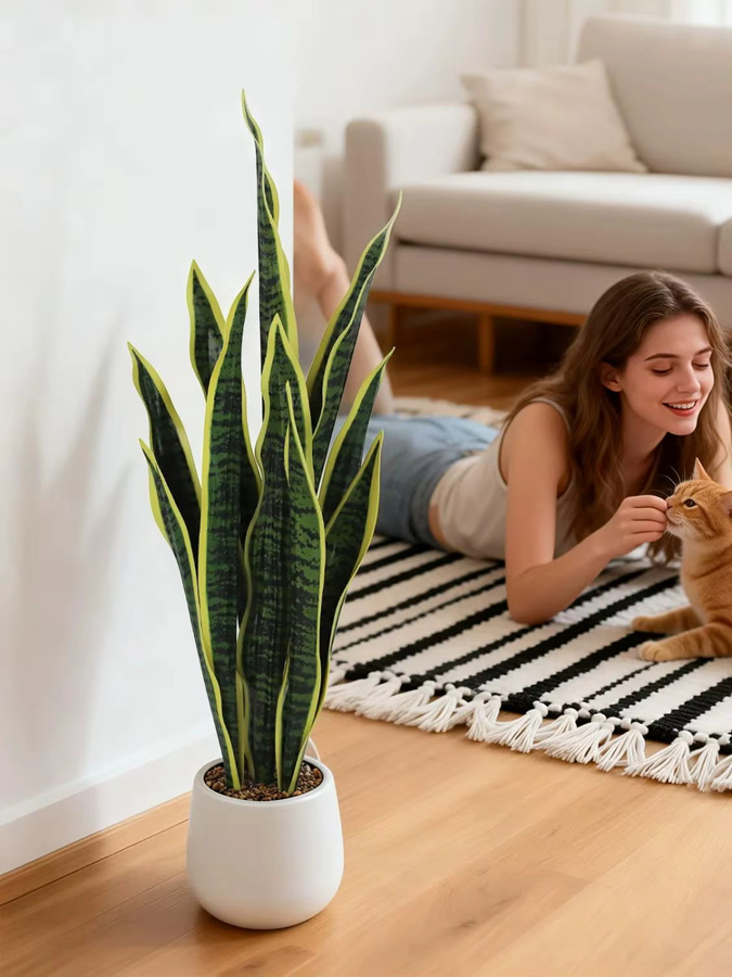 HiMISS Künstliche Schlangenpflanze Sansevieria Trifasciata im Topf, Grün mit braunem Detail, Dekorative Kunstpflanze für Tisch und Büro - Bild 6