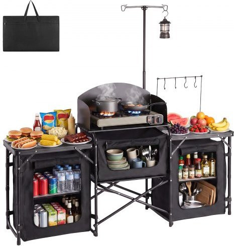 VEVOR Klappbare Campingküche in Schwarz mit 2 Beistelltischen aus Metall, abnehmbarem Windschutz und Stauräumen für Picknick und Reisen - Bild 1