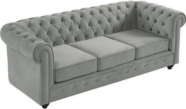 Vente-unique Chesterfield Sofa aus Samt in Lichtgrau, Breite: 205 cm - Bild 1