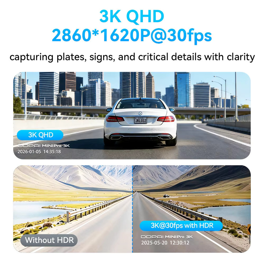 DDPAI Dashcam MINI Pro 3K HDR 1620P Auto-Videorekorder mit 143° Weitwinkel, Nachtsicht, WDR, Sprachsteuerung, 24-Stunden-Parküberwachung und WLAN in Schwarz - Bild 3