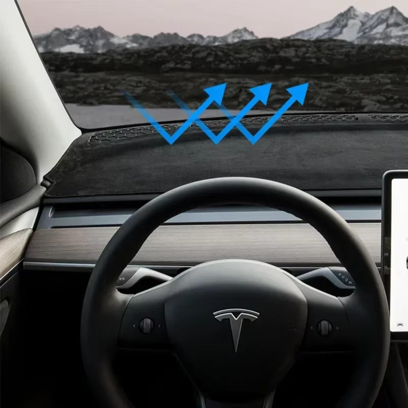 BEVO Armaturenbrett-Abdeckung aus Wildlederstoff für Tesla Model 3 und Model Y in Schwarz, rutschfest und blendfrei als Sonnenschutz - Bild 2
