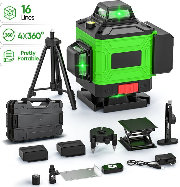 GECOFEER 16-Linien 4D Grüner Laser-Nivellierstrahl mit 360-Grad-Vollwinkel und automatische Nivellierung inklusive verstellbarem Stativ - Bild 1