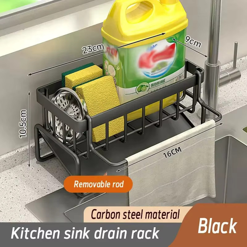 CZSAE Multifunktionales Küchenregal aus Kunststoff in Schwarz, Selbstklebendes Lappen- und Gewürzregal mit Abflussfunktion und Haken - Bild 3