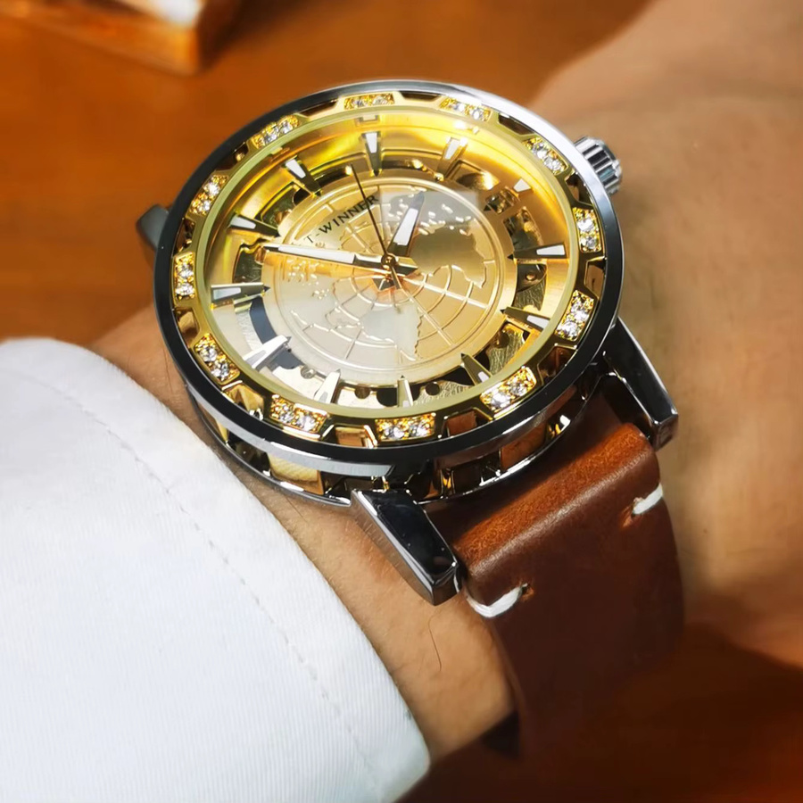 WINNER Armbanduhr, Automatik, Gold, Leder, Herren, Leuchtzeiger - Bild 3
