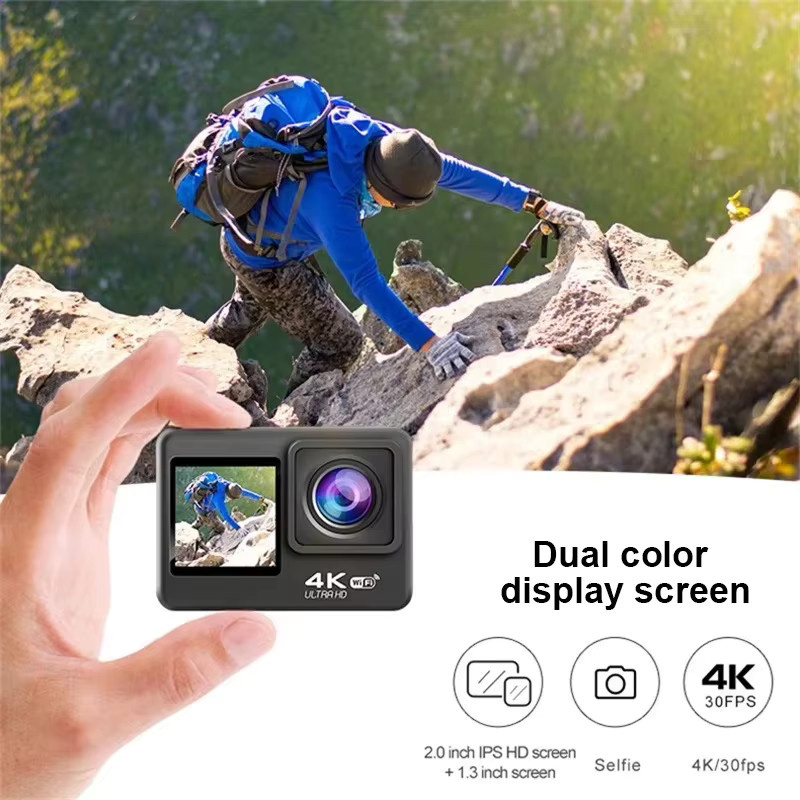 Regaton Actionkamera mit 4K 30FPS, 24MP, Doppelbildschirm, WLAN und 170 Grad Weitwinkel, wasserdicht bis 30m, Schwarz - Bild 4