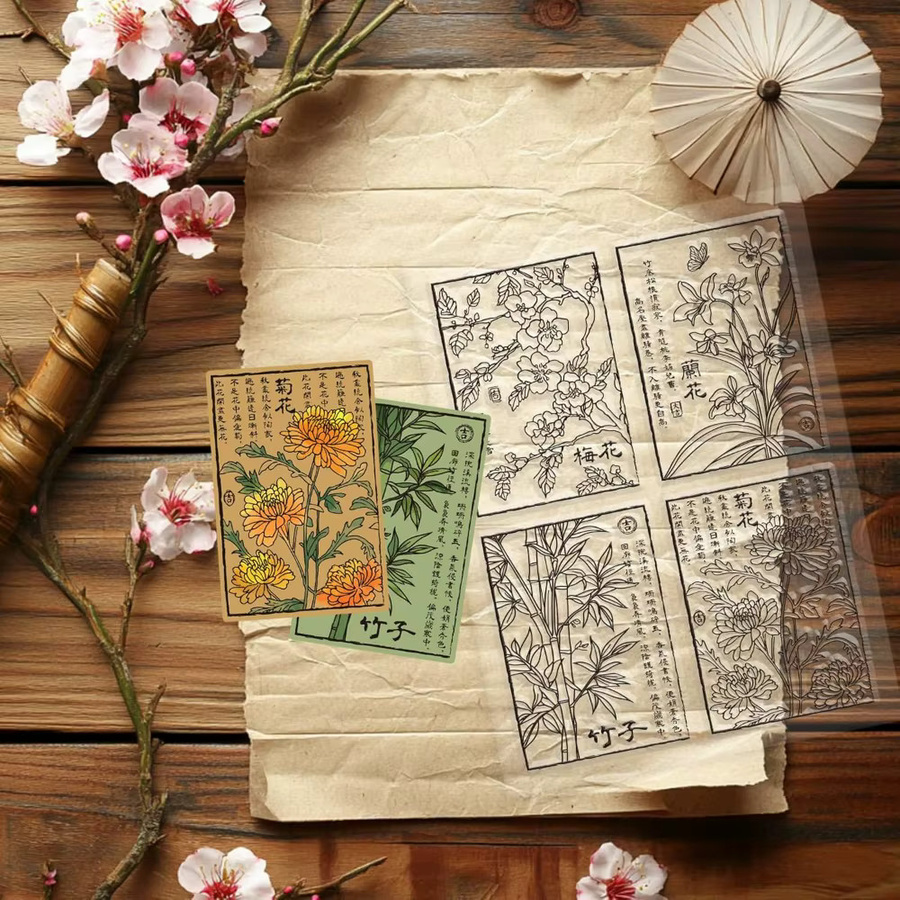 Transparente Stempel und Stanzformen für chinesische Blumen und Pflanzen, Set für DIY-Scrapbooking und Kartenherstellung aus Kunststoff - Bild 2