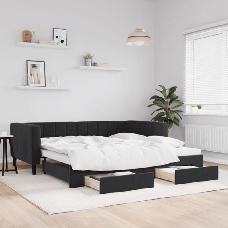 Ausziehbares Funktionsbett Vidaxl mit Schubladen aus Samt und Metall in Schwarz, B/T/H: 90 x 190 cm - Bild 1