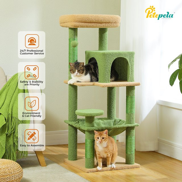 PETEPELA Kratzbaum für Hauskatzen in Grün mit Metallrahmen, 5-stufiger Katzenturm mit Hängematte und Katzenhöhle - Bild 1