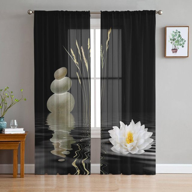 Transparenter Voile-Vorhang mit Zen-Steinen, Orchideen und grünem Bambus Motiv, floraler Tüll-Fensterbehang für Wohnzimmer und Schlafzimmer, Breite: 100 cm, Höhe: 250 cm - Bild 1