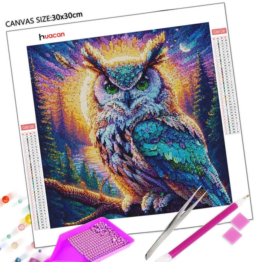 Huacan DIY 5D Diamantmalerei Eule als Cartoon Mosaik Set in Mehrfarbig, Rund, Durchmesser: 20 cm - Bild 2