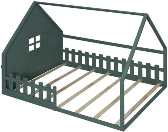 KOMHTOM Kinderbett Hausform aus Kiefernholz in Grün, B/T/H: 200 x 140 x 145 cm