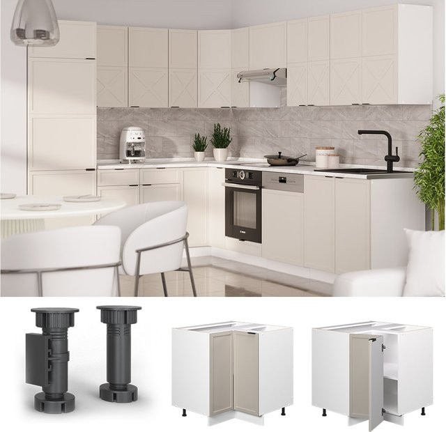 Vicco Eckunterschrank Fame-Line Küchenunterschrank in Weiß Grau-Beige mit Arbeitsplatte in Eiche und Soft-Close-Türen, Breite: 87 cm, Tiefe: 87 cm - Bild 1