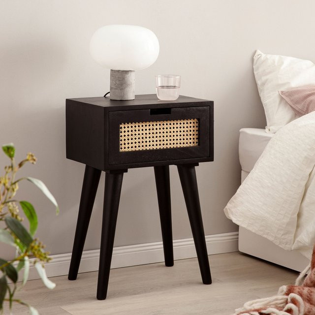 Finebuy Nachtkonsole aus Massivholz in Schwarz mit Rattan-Schublade im Boho-Design, B/T/H: 30 x 60 x 40 cm - Bild 1