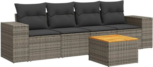 vidaXL 5-tlg Garten-Sofagarnitur aus Poly Rattan und Akazienholz in Grau mit Kissen - Bild 1